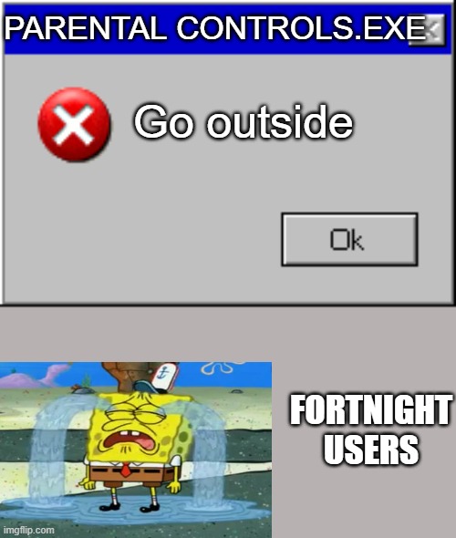 they touched turf | PARENTAL CONTROLS.EXE; Go outside; FORTNIGHT USERS | image tagged in windows error message | made w/ Imgflip meme maker