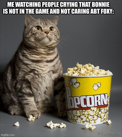 Everybody cared about bonnie and not foxy i was very bad | ME WATCHING PEOPLE CRYING THAT BONNIE IS NOT IN THE GAME AND NOT CARING ABT FOXY: | image tagged in cat eating popcorn,fnaf security breach,eeee | made w/ Imgflip meme maker