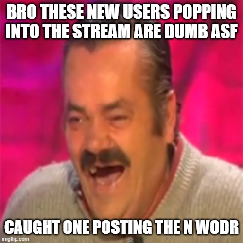 BAHAHAHAHA | BRO THESE NEW USERS POPPING INTO THE STREAM ARE DUMB ASF; CAUGHT ONE POSTING THE N WODR | image tagged in laughing mexican | made w/ Imgflip meme maker