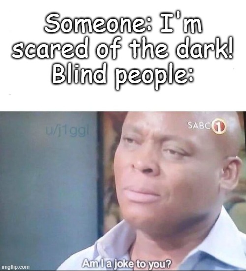 Meme #332 | Someone: I'm scared of the dark!
Blind people: | image tagged in am i a joke to you,blind,john cena,darkness,funny,jokes | made w/ Imgflip meme maker