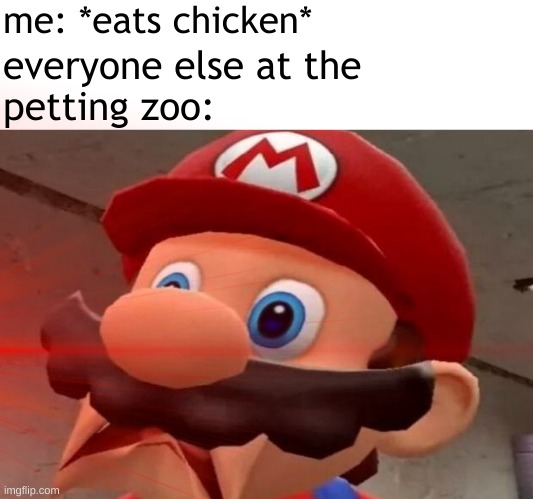 me: *eats chicken*; everyone else at the
petting zoo: | image tagged in mario wtf | made w/ Imgflip meme maker