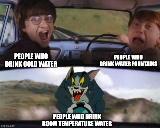Who even Drinks Room Temperature Water |  PEOPLE WHO DRINK WATER FOUNTAINS; PEOPLE WHO DRINK COLD WATER; PEOPLE WHO DRINK ROOM TEMPERATURE WATER | image tagged in tom chasing harry and ron weasly,memes,funny,water,drink,what | made w/ Imgflip meme maker