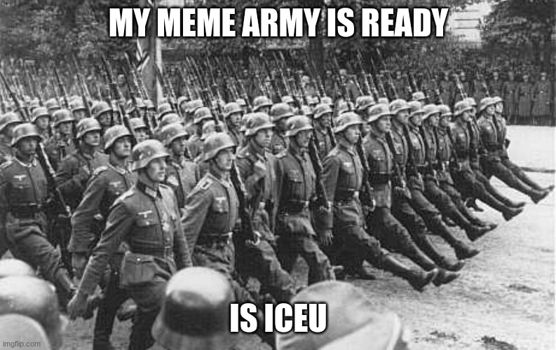 The time has come | MY MEME ARMY IS READY; IS ICEU | image tagged in german soldiers marching | made w/ Imgflip meme maker
