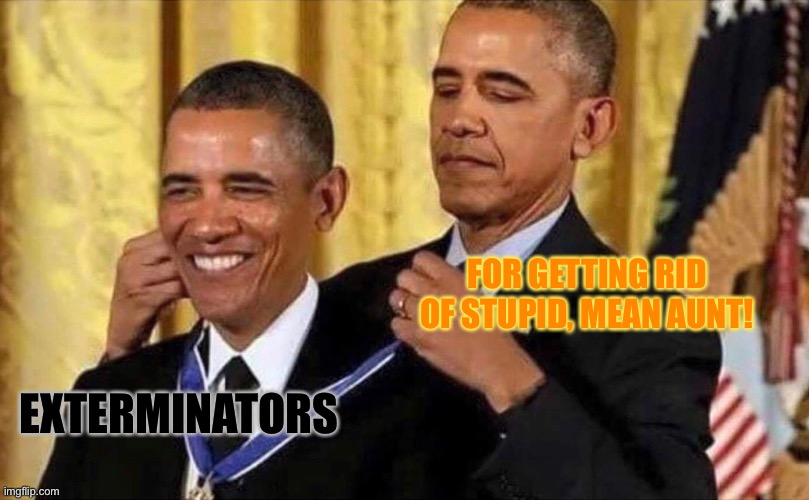 obama medal | FOR GETTING RID OF STUPID, MEAN AUNT! EXTERMINATORS | image tagged in obama medal | made w/ Imgflip meme maker