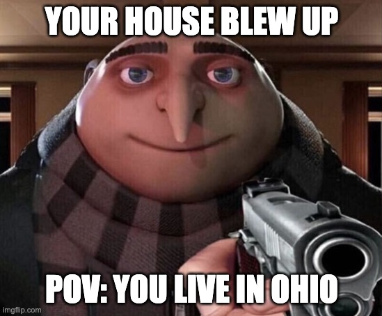 Random Ohio Meme | YOUR HOUSE BLEW UP; POV: YOU LIVE IN OHIO | image tagged in gru gun | made w/ Imgflip meme maker
