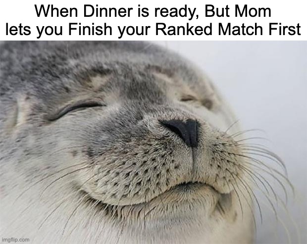 Thanks mom! | When Dinner is ready, But Mom lets you Finish your Ranked Match First | image tagged in memes,satisfied seal,gaming,online gaming,funny,dinner | made w/ Imgflip meme maker