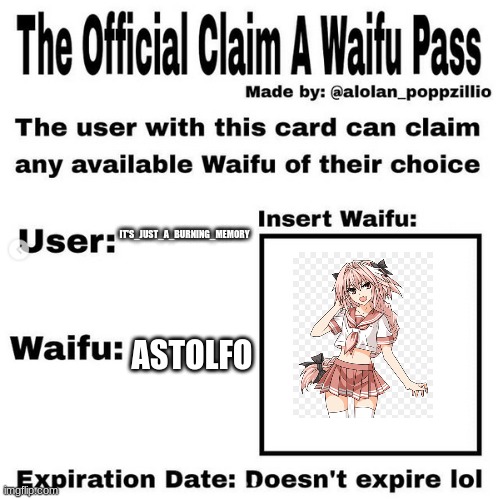 Official claim a waifu pass | IT'S_JUST_A_BURNING_MEMORY; ASTOLFO | image tagged in official claim a waifu pass | made w/ Imgflip meme maker