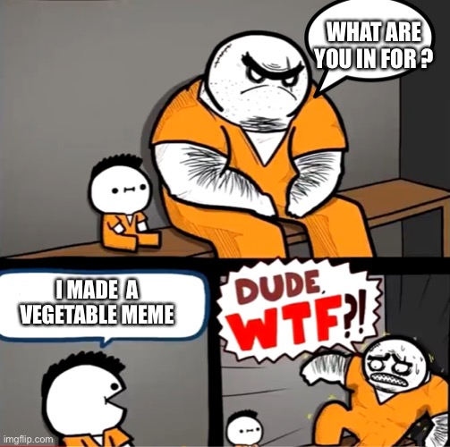 lettuce | WHAT ARE YOU IN FOR ? I MADE  A VEGETABLE MEME | image tagged in surprised bulky prisoner | made w/ Imgflip meme maker