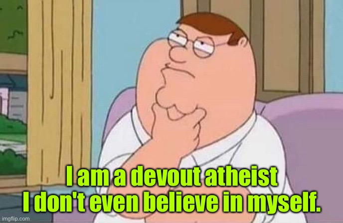 Devout atheist | I am a devout atheist
I don't even believe in myself. | image tagged in devout atheist,i do not believe,in myself | made w/ Imgflip meme maker