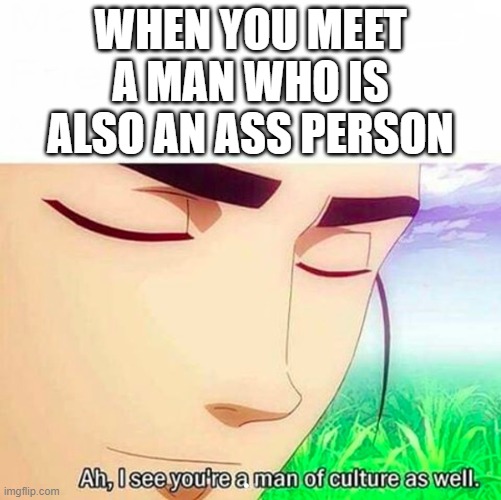 Ah,I see you are a man of culture as well | WHEN YOU MEET A MAN WHO IS ALSO AN ASS PERSON | image tagged in ah i see you are a man of culture as well | made w/ Imgflip meme maker