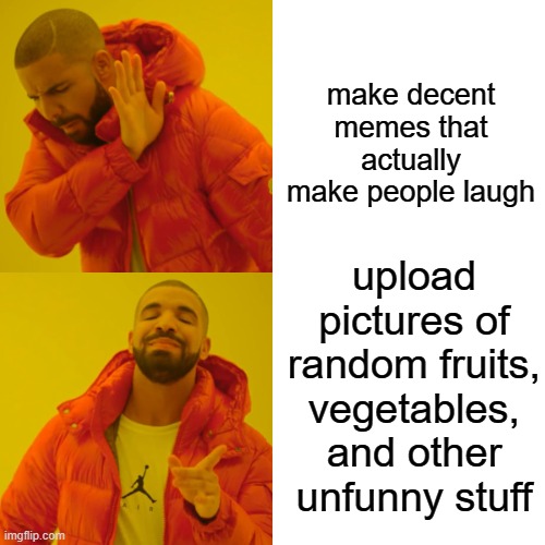 seriously its not funny just stop the trend please | make decent memes that actually make people laugh; upload pictures of random fruits, vegetables, and other unfunny stuff | image tagged in memes,drake hotline bling | made w/ Imgflip meme maker