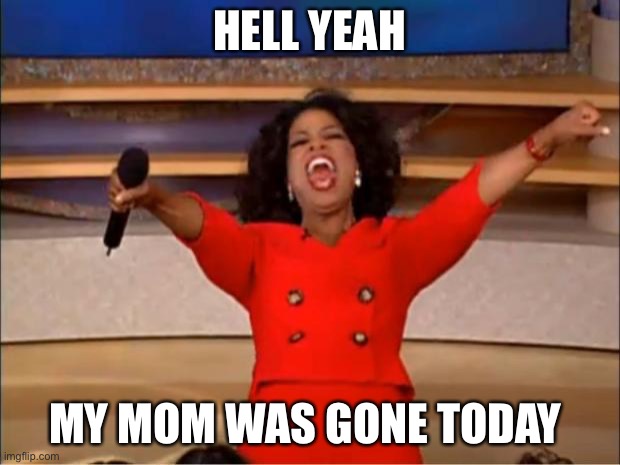 MY MOM WENT ON A BUSINESS TRIPPP | HELL YEAH; MY MOM WAS GONE TODAY | image tagged in memes,oprah you get a | made w/ Imgflip meme maker