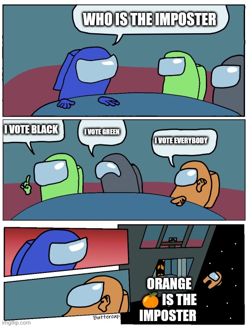 ??? Orange ??? | WHO IS THE IMPOSTER; I VOTE BLACK; I VOTE GREEN; I VOTE EVERYBODY; ORANGE 🍊 IS THE IMPOSTER | image tagged in among us meeting | made w/ Imgflip meme maker