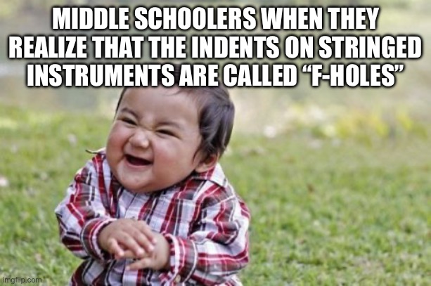 And changeing notes on a bow is called “slurring” | MIDDLE SCHOOLERS WHEN THEY REALIZE THAT THE INDENTS ON STRINGED INSTRUMENTS ARE CALLED “F-HOLES” | image tagged in memes,evil toddler | made w/ Imgflip meme maker