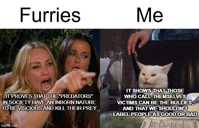 Original "taming collar" concepts showed the same thing | Furries; Me; IT SHOWS THAT THOSE WHO CALL THEMSELVES VICTIMS CAN BE THE BULLIES, AND THAT WE SHOULDN'T LABEL PEOPLE AS GOOD OR BAD; IT PROVES THAT THE "PREDATORS" IN SOCIETY HAVE AN INBORN NATURE TO BE VISCIOUS AND KILL THEIR PREY | image tagged in memes,woman yelling at cat | made w/ Imgflip meme maker