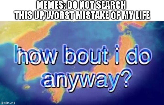how bout i do look it up? anyway??? | MEMES: DO NOT SEARCH
 THIS UP, WORST MISTAKE OF MY LIFE | image tagged in how bout i do anyway | made w/ Imgflip meme maker