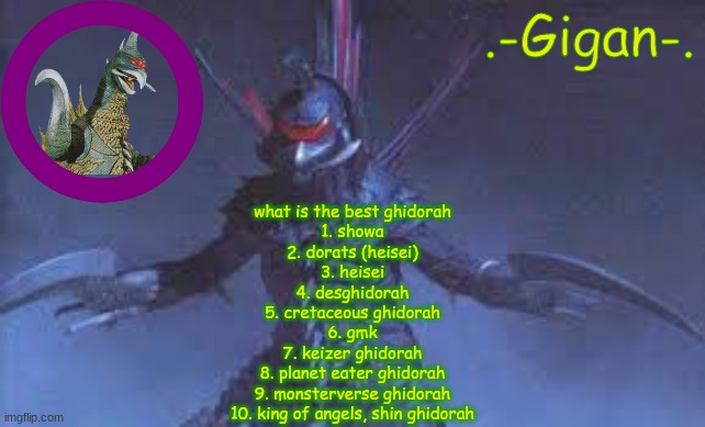 D | what is the best ghidorah
1. showa
2. dorats (heisei)
3. heisei
4. desghidorah
5. cretaceous ghidorah
6. gmk
7. keizer ghidorah
8. planet eater ghidorah
9. monsterverse ghidorah
10. king of angels, shin ghidorah | made w/ Imgflip meme maker