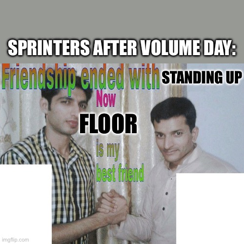 Floor Is My New Best Friend | SPRINTERS AFTER VOLUME DAY:; STANDING UP; FLOOR | image tagged in friendship ended with x now y is my best friend,floor,track,track and field,sprinters,running | made w/ Imgflip meme maker