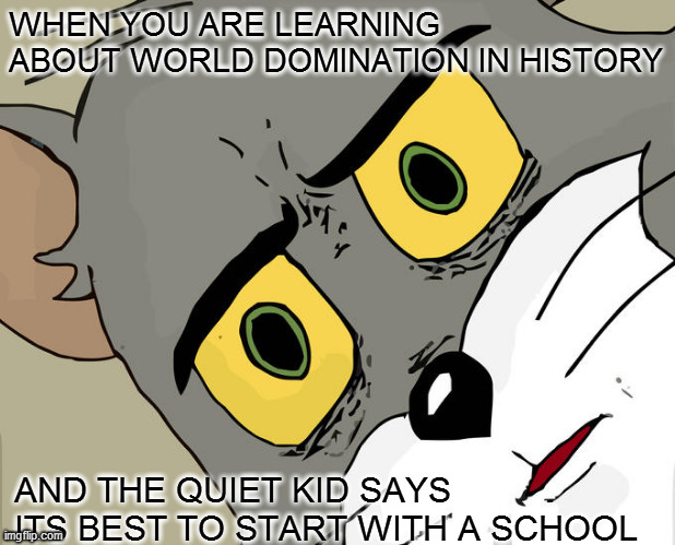 Unsettled Tom Meme | WHEN YOU ARE LEARNING ABOUT WORLD DOMINATION IN HISTORY; AND THE QUIET KID SAYS ITS BEST TO START WITH A SCHOOL | image tagged in memes,unsettled tom | made w/ Imgflip meme maker