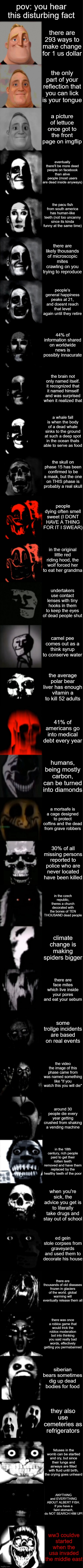 mr incredible becoming uncanny disturbing facts #5 | pov: you hear this disturbing fact; there are 293 ways to make change for 1 us dollar; the only part of your reflection that you can lick is your tongue; a picture of lettuce once got to the front page on imgflip; eventually there'll be more dead people on facebook than alive people (most users are dead inside anyways); the pacu fish from south america has human-like teeth (not too uncanny since its kinda funny at the same time); there are likely thousands of microscopic mites crawling on you trying to reproduce; people's general happiness peaks at 21, and doesnt reach that level again until they retire; 44% of information shared on worldwide news is possibly innacurate; the brain not only named itself. it recognized that it named himself and was surprised when it realized that; a whale fall is when the body of a dead whale sinks to the ground at such a deep spot in the ocean thats able to serve as food; the skull on phase 15 has been confirmed to be a mask, but the one on THIS phase is probably a real skull; people dying often smell sweet (I DONT HAVE A THING FOR IT I SWEAR); in the original little red riding hood, the wolf forced her to eat her grandma; undertakers use contact lenses with tiny hooks in them to keep the eyes of dead people shut; camel pee comes out as a think syrup to conserve water; the average polar bear liver has enough vitamin a to kill 52 adults; 41% of americans go into medical debt every year; humans, being mostly carbon, can be turned into diamonds; a mortsafe is a cage designed to protect coffins and the dead from grave robbers; 30% of all missing persons reported to police who are never located have been killed; in the czech republic, theres a church decorated with the bones of TEN THOUSAND dead people; climate change is making spiders bigger; there are face mites which live inside your pores and eat your sebum; some trollge incidents are based on real events; the video the image of this phase came from was named something like "if you watch this you will die"; around 30 people die every year getting crushed from shaking a vending machine; in the 18th century, rich people paid to get their rotten teeth removed and have them replaced by the healthy teeth of the poor; when you're sick, the advice you get is to literally take drugs and stay out of school; ed gein stole corpses from graveyards and used them to decorate his house; there are thousands of old diseases frozen in glaciers of the world. global warming will eventually release them all; there was once a roblox game that would trick the roblox moderation bot into thinking you said really bad words, effectively getting you permabanned; siberian bears sometimes dig up dead bodies for food; they also use cemeteries as refrigerators; fetuses in the womb can be startled and cry, but since their lungs and airways are filled with fluid until birth, the crying goes unheard; ANYTHING and EVERYTHING ABOUT ALBERT FISH. If you have a faint stomach, do NOT SEARCH HIM UP! ww3 couldve started when the usa invaded the middle east | image tagged in mr incredible becoming uncanny super extended hd | made w/ Imgflip meme maker