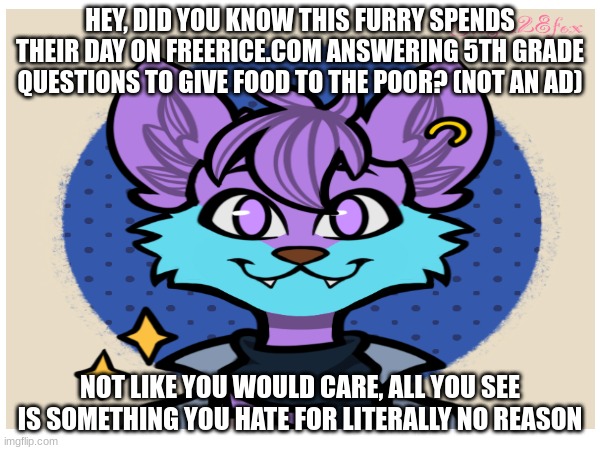 I can name more good things I do | HEY, DID YOU KNOW THIS FURRY SPENDS THEIR DAY ON FREERICE.COM ANSWERING 5TH GRADE QUESTIONS TO GIVE FOOD TO THE POOR? (NOT AN AD); NOT LIKE YOU WOULD CARE, ALL YOU SEE IS SOMETHING YOU HATE FOR LITERALLY NO REASON | image tagged in furry,anti furry,furry memes,the furry fandom | made w/ Imgflip meme maker