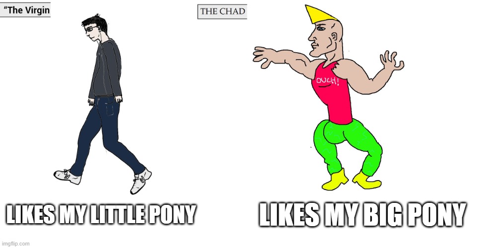 rainbow dash | LIKES MY BIG PONY; LIKES MY LITTLE PONY | image tagged in virgin and chad | made w/ Imgflip meme maker