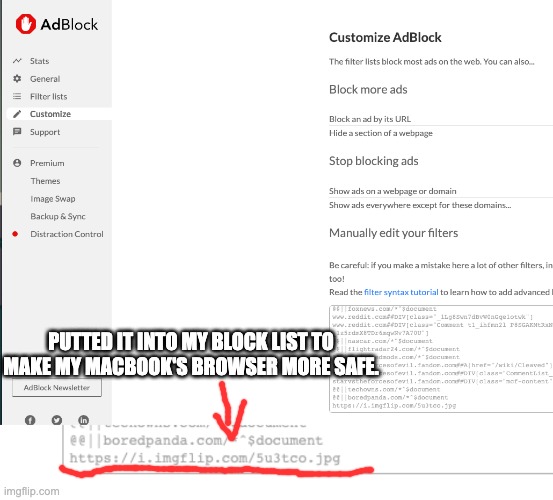 Stay Safe my Friends :) | PUTTED IT INTO MY BLOCK LIST TO MAKE MY MACBOOK'S BROWSER MORE SAFE. | image tagged in imgflip,adblock,memes,stay safe | made w/ Imgflip meme maker