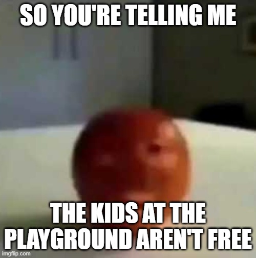 Fruit having a mental breakdown | SO YOU'RE TELLING ME; THE KIDS AT THE PLAYGROUND AREN'T FREE | image tagged in fruit having a mental breakdown | made w/ Imgflip meme maker