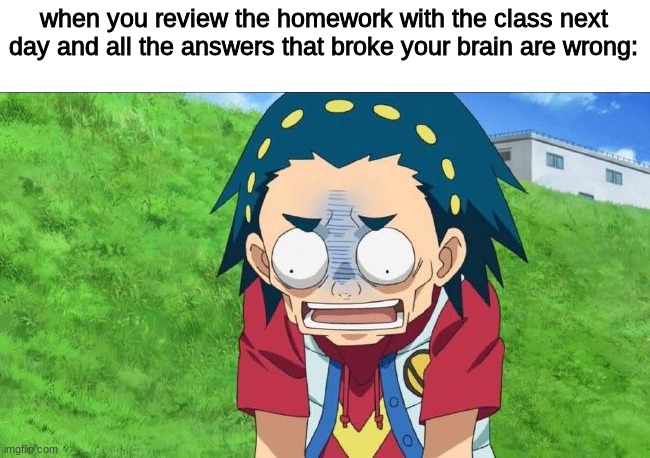 when you review the homework with the class next day and all the answers that broke your brain are wrong: | image tagged in beyblade,memes,funny,fun | made w/ Imgflip meme maker