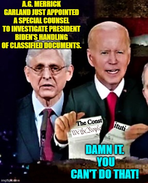 Apparently the G.O.P. controlled Congress just put the fear of God into Garland. | A.G. MERRICK GARLAND JUST APPOINTED A SPECIAL COUNSEL TO INVESTIGATE PRESIDENT BIDEN'S HANDLING OF CLASSIFIED DOCUMENTS. DAMN IT.  YOU CAN'T DO THAT! | image tagged in biden rips constitution with ag merrick garland | made w/ Imgflip meme maker