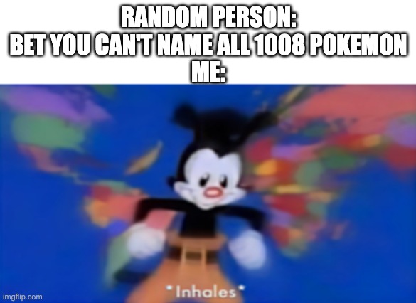 Can you believe the National Pokedex has reached quadruple digits? | RANDOM PERSON: BET YOU CAN'T NAME ALL 1008 POKEMON
ME: | image tagged in yakko inhale,pokemon,memes,funny,oh wow are you actually reading these tags | made w/ Imgflip meme maker