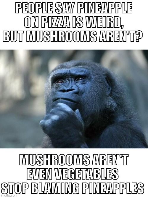 plus the texture is even worse than a pineapple's | PEOPLE SAY PINEAPPLE ON PIZZA IS WEIRD, BUT MUSHROOMS AREN'T? MUSHROOMS AREN'T EVEN VEGETABLES STOP BLAMING PINEAPPLES | image tagged in deep thoughts,memes,questions | made w/ Imgflip meme maker
