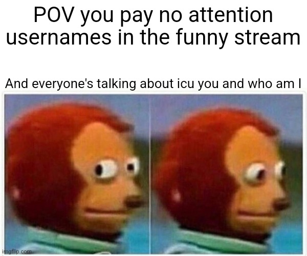 Monkey Puppet Meme | POV you pay no attention usernames in the funny stream; And everyone's talking about icu you and who am I | image tagged in memes,monkey puppet | made w/ Imgflip meme maker