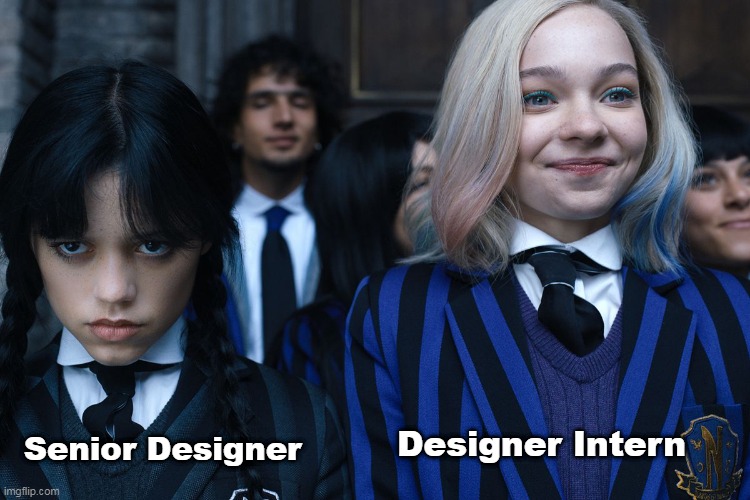 Wednesday and Enid | Senior Designer; Designer Intern | image tagged in wednesday and enid | made w/ Imgflip meme maker
