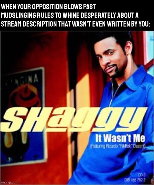 Unlike the rakish protagonist of this iconic early-2000s jam, when I say that “it wasn’t me,” I in fact mean that it wasn’t me | WHEN YOUR OPPOSITION BLOWS PAST MUDSLINGING RULES TO WHINE DESPERATELY ABOUT A STREAM DESCRIPTION THAT WASN’T EVEN WRITTEN BY YOU: | image tagged in shaggy it wasn t me,it,wasnt,me,read mudslinging rules,boi | made w/ Imgflip meme maker