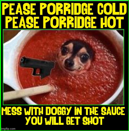 Aw... a Cute New Nursery Rhyme | PEASE PORRIDGE COLD
PEASE PORRIDGE HOT; MESS WITH DOGGY IN THE SAUCE 
YOU WILL GET SHOT | image tagged in vince vance,sauce,guns,dogs,memes,porridge | made w/ Imgflip meme maker