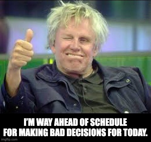 Busey | I’M WAY AHEAD OF SCHEDULE FOR MAKING BAD DECISIONS FOR TODAY. | image tagged in gary busey approves | made w/ Imgflip meme maker