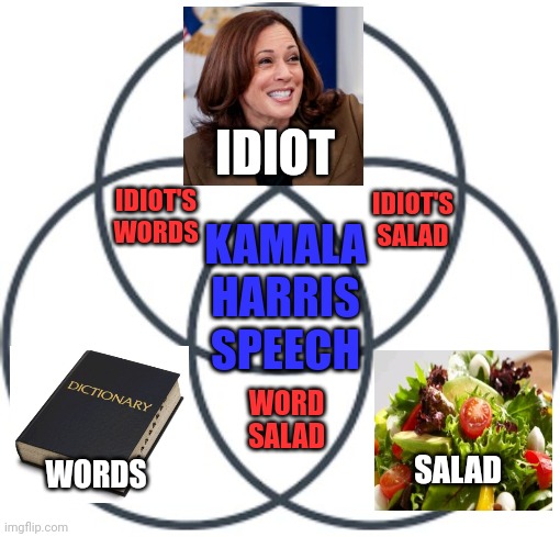 The World's Greatest Venn Diagram Starring Kamala Harris | IDIOT; IDIOT'S WORDS; IDIOT'S SALAD; KAMALA HARRIS SPEECH; WORD SALAD; WORDS; SALAD | image tagged in greatest,venn diagram,kamala harris,idiot,words,salad | made w/ Imgflip meme maker