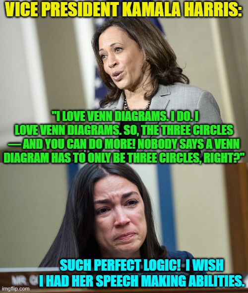 She's such an excellent speaker that she makes A.O.C. envious. | VICE PRESIDENT KAMALA HARRIS:; "I LOVE VENN DIAGRAMS. I DO. I LOVE VENN DIAGRAMS. SO, THE THREE CIRCLES — AND YOU CAN DO MORE! NOBODY SAYS A VENN DIAGRAM HAS TO ONLY BE THREE CIRCLES, RIGHT?"; SUCH PERFECT LOGIC!  I WISH I HAD HER SPEECH MAKING ABILITIES. | image tagged in sigh | made w/ Imgflip meme maker