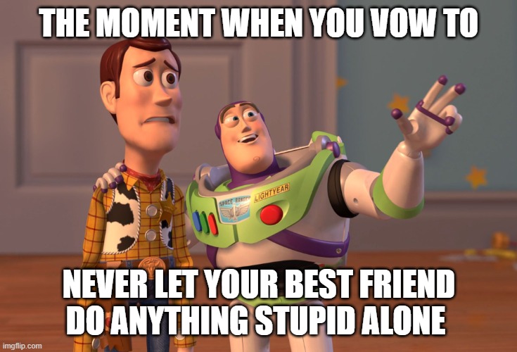 X, X Everywhere | THE MOMENT WHEN YOU VOW TO; NEVER LET YOUR BEST FRIEND DO ANYTHING STUPID ALONE | image tagged in memes,x x everywhere | made w/ Imgflip meme maker