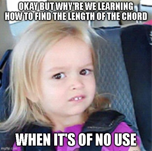 why are we? | OKAY BUT WHY'RE WE LEARNING HOW TO FIND THE LENGTH OF THE CHORD; WHEN IT'S OF NO USE | image tagged in confused little girl | made w/ Imgflip meme maker