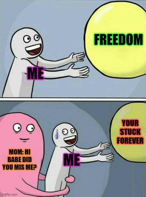 Running Away Balloon | FREEDOM; ME; YOUR STUCK FOREVER; MOM: HI BABE DID YOU MIS ME? ME | image tagged in memes,running away balloon | made w/ Imgflip meme maker