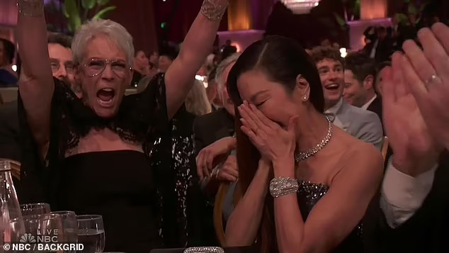 Jamie Lee Curtis cheering Michelle Yeoh Blank Meme Template