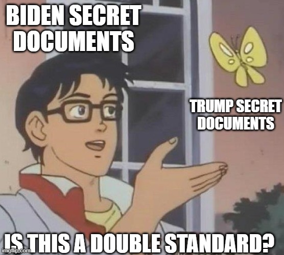 is this butterfly | BIDEN SECRET DOCUMENTS; TRUMP SECRET DOCUMENTS; IS THIS A DOUBLE STANDARD? | image tagged in is this butterfly | made w/ Imgflip meme maker