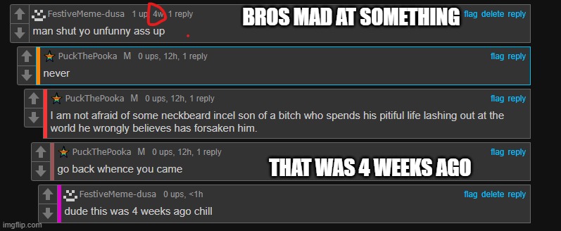 hi | BROS MAD AT SOMETHING; THAT WAS 4 WEEKS AGO | image tagged in image tags,oh wow are you actually reading these tags,hello there | made w/ Imgflip meme maker