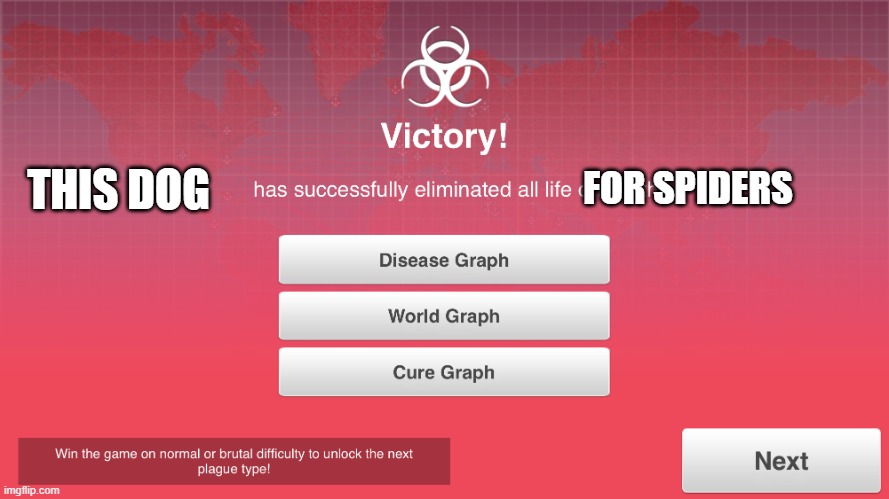 Plague Inc x has eliminated all life on earth | FOR SPIDERS THIS DOG | image tagged in plague inc x has eliminated all life on earth | made w/ Imgflip meme maker