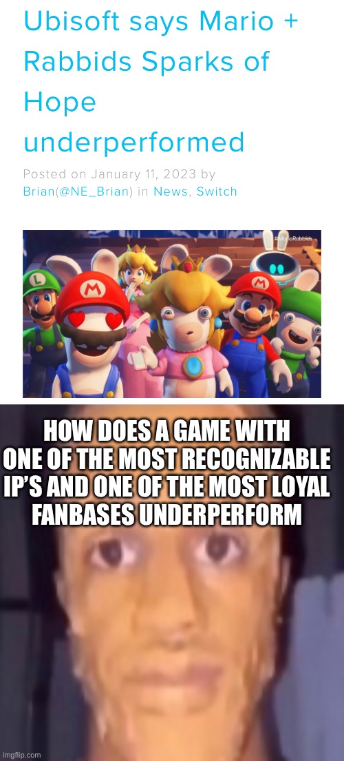 HOW DOES A GAME WITH ONE OF THE MOST RECOGNIZABLE IP’S AND ONE OF THE MOST LOYAL
FANBASES UNDERPERFORM | made w/ Imgflip meme maker