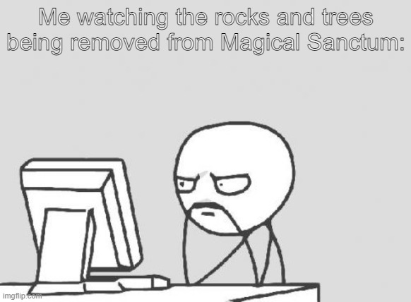 I need xp | Me watching the rocks and trees being removed from Magical Sanctum: | image tagged in memes,computer guy | made w/ Imgflip meme maker