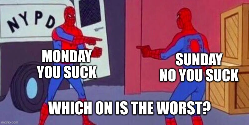 who the worst? | MONDAY
YOU SUCK; SUNDAY
NO YOU SUCK; WHICH ON IS THE WORST? | image tagged in who are you | made w/ Imgflip meme maker