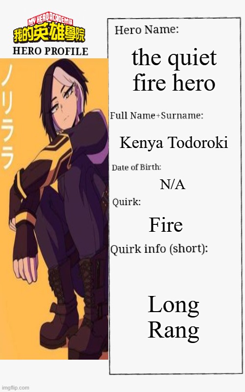 MHA Hero Profile | the quiet fire hero; Kenya Todoroki; N/A; Fire; Long Rang | image tagged in mha hero profile | made w/ Imgflip meme maker